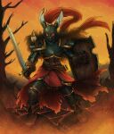 aleanora anthro armor armorbun belt boots clothing fantasy female fire footwear glowing glowing_eyes headgear helmet hi_res knight lagomorph leporid mammal melee_weapon otakuap plant rabbit shield shoes sky solo sword tree warrior weapon