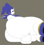 atlus balls big_balls big_butt black_eyes blue_clothing blue_footwear blue_headwear blue_shoes bottomless bottomless_humanoid bottomless_male butt clothed clothing demon footwear genitals grey_background half-closed_eyes headgear headwear hi_res huge_butt humanoid jack_frost_(megami_tensei) lying male megami_tensei narrowed_eyes on_side pleasantlyplumpthiccness sega shoes simple_background smile solo thick_thighs white_body