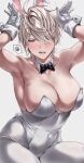  1girl absurdres ahoge animal_ears armpit_crease armpits arms_up bare_arms bare_shoulders black_bow black_bowtie blonde_hair blush bow bowtie breasts cleavage collarbone covered_navel cropped_legs detached_collar full_cleavage gloves hair_over_one_eye highres kobun0 large_breasts looking_at_viewer open_mouth original purple_eyes rabbit_pose reese_(kobun0) sharp_teeth short_hair simple_background solo teeth tomboy white_background wolf_cut 