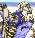 anthro anthrosaurs arm_support backless_swimsuit bared_fangs bared_teeth beach beach_towel beverage big_butt blonde_hair breasts butt butt_squish claws clothing cocktail_garnish cocktail_umbrella coconut coconut_drink countershade_face countershade_feet countershade_hands countershade_neck countershade_tail countershading dinosaur drinking_straw drupe_(fruit) feet female female_anthro finger_claws food fruit hair head_on_hand hi_res horizon leaning_on_elbow looking_at_viewer looking_back lying markings melissa_(rhazzazor) non-mammal_breasts on_front one-piece_swimsuit plant predaguy prehistoric_species reptile sand saurischian scalie scuted_feet scuted_hands scutes seductive short_hair smile smiling_at_viewer squish strategically_covered striped_body striped_markings striped_tail striped_thighs stripes sunbathing swimsuit_only swimwear tail tail_markings teeth theropod thick_tail thick_thighs toe_claws towel tyrannosaurid tyrannosauroid tyrannosaurus tyrannosaurus_rex wide_hips