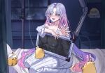  !? 1girl absurdres anchor_print azur_lane baby_animal bandaged_head bandages bed bird blue_hair breasts chick cleavage coke-bottle_glasses collarbone commentary curtained_hair ganj-i-sawai_(azur_lane) ganj-i-sawai_(my_innermost_self)_(azur_lane) glasses gradient_hair hair_between_eyes highres hospital_bed hospital_gown indoors large_breasts long_hair long_sleeves manjuu_(azur_lane) monitor multicolored_hair navel off_shoulder official_alternate_costume on_bed open_clothes open_mouth pink_hair purple_eyes purple_hair shadow sidelocks single_bare_shoulder sitting skrull_06 smile stomach teeth tongue tongue_out untranslatable_commentary upper_teeth_only very_long_hair x-ray x-ray_machine x-ray_vision yokozuwari 