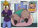 2026 4_fingers absurd_res anthro belly belly_on_ground big_belly big_breasts big_butt black_nose blonde_hair bolo_(gorb) breasts brown_body brown_fur butt butt_cleavage cleavage clothed clothing crossed_arms duo english_text eyelashes fat_legs fat_rolls female fingers fur gesture gorb_(artofgorb) hair hand_gesture hi_res huge_belly huge_butt hyena male mammal morbidly_obese morbidly_obese_anthro morbidly_obese_female motion_lines navel obese obese_anthro obese_female open_mouth overweight overweight_anthro overweight_female pawpads pointing pointing_at_self sound_effects standing stuck stuck_in_door tail tan_body tan_fur text vivi_(gorb)