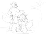 4:3 anthro balls bausparfuchs bottomless canid canine clothed clothing dominant dominant_male duo entain_plc erection fluffy fluffy_tail fox foxy_bingo furfragged genitals hand_on_head hand_on_hip jacket jacket_only kneeling_oral_position looking_at_another looking_at_partner looking_down male male/male mammal monochrome outside_sex partially_clothed paws penis penis_tip plant schwaebisch_hall sex shirt shy simple_background sketch smile submissive submissive_male tail topwear topwear_only touching_penis traditional_media_(artwork) tree true_fox white_background