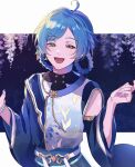  1boy ahoge alternate_hair_length_(longer) bead_bracelet beads blue_hair bracelet braid commentary_request ensemble_stars! fingernails green_eyes hands_up highres jewelry looking_at_viewer male_focus natsukoi_(ensemble_stars!) norishiopeto official_alternate_costume official_alternate_hairstyle open_mouth shinkai_kanata smile solo teeth upper_body upper_teeth_only 