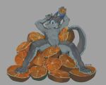 anthro blue_eyes dipstick_ears dragon ear_markings featureless_crotch food front_view fruit fur furred_dragon furred_scalie glistening glistening_eyes grey_background grey_body grey_fur looking_at_viewer male male_anthro markings mouth_closed multicolored_ears mythological_creature mythological_scalie mythology nude orange_(fruit) oselotti plant scalie senky simple_background sitting slim_anthro slim_male solo