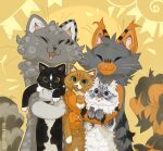 2026 ambiguous_feral ambiguous_gender black_body black_fur blue_eyes digital_media_(artwork) domestic_cat domestic_pet eyes_closed fangs felid feline felis feral fluffy fur furries_with_pets graypillow green_eyes grey_body grey_fur group happy head_tuft hug inner_ear_fluff mammal markings multicolored_body multicolored_fur open_mouth open_smile orange_body orange_fur paws pink_nose simple_background size_difference smile striped_body striped_fur stripes tail teeth tuft whiskers white_body white_fur