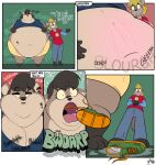 2026 4_fingers absurd_res anthro belly belly_overhang big_belly big_breasts black_hair black_nose blonde_hair bodily_fluids bolo_(gorb) breasts brown_body brown_fur burping burping_up_clothing burping_up_object burping_up_shoe chubby_cheeks cleavage clothed clothing comic creaking_belly double_chin duo english_text eyelashes female fingers footwear fur gorb_(artofgorb) groan gurgle_(sound_effect) hair hand_on_belly hi_res huge_belly hyena looking_aside male mammal morbidly_obese morbidly_obese_anthro morbidly_obese_female navel obese obese_anthro obese_female open_mouth overweight overweight_anthro overweight_female rumbling_stomach saliva shoes signature sound_effects standing stomach_ache stretch_marks tan_body tan_fur text vivi_(gorb) vore_implied