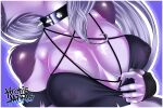 3:2 anthro areola breasts canid canid_demon canine clothing collar demon female fingerless_gloves fur glistening glistening_body glistening_breasts gloves grey_body grey_fur handwear hellaverse hellhound helluva_boss hi_res hronismorg loona_(helluva_boss) mammal mythological_canine mythological_creature mythology nipple_outline nipples occult_symbol pentagram solo spiked_collar spikes symbol