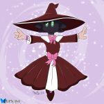 1:1 2026 4_ears ambiguous_gender arms_out big_hat clothing dress fur gloves_(marking) green_eyes kerilyn markings multi_ear pink_ribbon purple_background purple_body purple_fur red_clothing simple_background solo sparkles swirl_pattern tan_body tan_fur unknown_species watermark