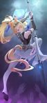  1girl absurdres aki_(xhs_428379286) animal_ears ass blonde_hair blue_eyes breasts chinese_commentary commentary_request hairband high_heels high_ponytail highres holding holding_polearm holding_weapon horse_ears horse_girl horse_tail layered_sideboob lightning long_hair mechanical_gloves medium_breasts metal_hairband pants polearm ponytail sigrid_de_l'azur solo_focus tail very_long_hair weapon white_pants zenless_zone_zero 