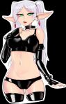 armwear black_armwear black_background black_bottomwear black_clothing black_legwear black_topwear blush blush_lines bottomwear breasts clothing darkminou ear_piercing elf eyelashes female frieren frieren_beyond_journey's_end front_view green_eyes grey_hair hair hi_res humanoid humanoid_pointy_ears latex latex_armwear latex_bottomwear latex_clothing latex_legwear latex_topwear legwear looking_at_viewer navel piercing pigtails pointy_ears simple_background solo tan_body tan_skin thick_thighs topwear wide_hips