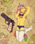 4:5 ambiguous_gender ambiguous_species antennae_(anatomy) anthro armpit_fetish armpit_hair armpit_tuft big_feet bodily_fluids body_hair bow_ribbon bulge chest_tuft clothing colored digital_drawing_(artwork) digital_media_(artwork) eyelashes feet felid feline femboy fluffy fluffy_tail froople_(totalstinker) fur green_nose green_tongue gun hair happy_trail hi_res hybrid legwear long_hair male mammal multicolored_tail nipples pattern_background pink_hair ranged_weapon sailor simple_background snout solo stockings sweat sweaty_legs tail thigh_highs tongue tuft underwear unknown_species weapon wwormguts yellow_body yellow_fur