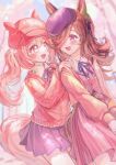  2girls absurdres animal_ears aran_sweater black_hat blush brown_hair cable_knit camellia_(camel_mal) cherry_blossoms flipped_hair flower-shaped_pupils flower_in_eye hair_over_one_eye haru_urara_(umamusume) haru_urara_(watashi_to_kimi_no_koukanko)_(umamusume) hat highres horse_ears horse_girl horse_tail jacket long_hair long_sleeves looking_at_viewer multiple_girls official_alternate_costume open_mouth pink_eyes pink_hair pleated_skirt purple_eyes red_sweater ribbon rice_shower_(happiness_just_around_the_bend)_(umamusume) rice_shower_(umamusume) shirt skirt smile striped_clothes striped_skirt striped_vest sweater symbol-shaped_pupils symbol_in_eye tail tilted_headwear umamusume vertical-striped_clothes vertical-striped_skirt vest 