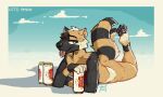 4_toes 5:3 alcohol ankle_markings anthro arm_markings barefoot beer beverage beverage_can big_butt blue_sky boat bodily_fluids breasts butt cloud covering covering_breasts feet feet_in_air feet_up female fluffy fluffy_tail gulonine hi_res holding_beverage holding_object leg_markings looking_at_viewer lying mammal markings mawkvlt mustelid musteline nude on_front pawpads saliva sea sky solo spoon_(spoonchomper) sweat tail toes tongue tongue_out vehicle water watercraft wolverine wrist_markings