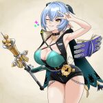  1girl absurdres animal_ears blue_hair braid breasts choker cleavage commentary_request goat_ears goat_girl goat_horns hair_between_eyes highres holding horns large_breasts long_hair looking_at_viewer lucia_elowen one_eye_closed pointy_ears smile solo thunder's_fist yellow_eyes zenless_zone_zero 