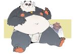  2boys absurdres animal_ears bara bear_boy bear_ears ben_bigger black_fur black_tank_top blush brown_fur bulge claws closed_eyes commentary english_commentary furry furry_male highres jacket looking_at_viewer male_underwear multicolored_fur multiple_boys pan_yinhu panda_boy panda_ears pawpads quanjiang scar scar_across_eye scar_on_face sitting tank_top underwear white_fur white_jacket white_male_underwear zenless_zone_zero 