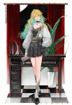  1girl aqua_hair bag blonde_hair breasts brooch checkered_floor cleavage clutch_purse collar colored_eyelashes colored_inner_hair commentary_request commission curtains desk earrings frilled_collar frilled_shorts frills full_body grey_nails hand_in_pocket handbag head_tilt high-waist_shorts highres jacket_tucked_in jewelry kneehighs light_smile lips long_hair multicolored_hair nail_polish original parted_bangs plant shoes shorts socks solo spats_(footwear) standing two-tone_hair wavy_hair whiteeee yellow_eyes 