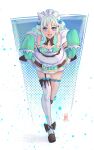  1girl absurdres blue_eyes boutsoftheblind bow gradient_hair green_hair green_sleeves hair_bow hair_ornament highres indie_virtual_youtuber long_hair looking_at_viewer maid maid_headdress mint_fantome multicolored_hair pointy_ears single_thighhigh sleeves_past_fingers sleeves_past_wrists solo thigh_strap thighhighs thighs tongue tongue_out triangular_headpiece virtual_youtuber white_hair white_thighhighs x_hair_ornament 