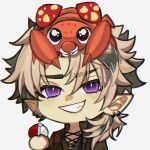  1boy absurdres brown_hair crimzon_ruze crimzon_ruze_(2nd_costume) ear_piercing grin highres holding holding_poke_ball holostars holostars_english kyaree low_ponytail male_focus medium_hair multicolored_hair official_alternate_costume official_alternate_hairstyle on_head paras piercing pointy_ears poke_ball pokemon pokemon_(creature) pokemon_on_head ponytail portrait purple_eyes smile teeth two-tone_hair virtual_youtuber 