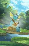 2026 ambiguous_gender blue_body blue_eyes brown_body brown_eyes brown_fur cloud duo eevee eeveelution female feral fur generation_1_pokemon hakkentai_pkdn hi_res lily_pad looking_at_another nintendo open_mouth plant pokemon pokemon_(species) pokemon_mystery_dungeon pupils sitting size_difference sky spike_chunsoft tree vaporeon water white_pupils