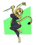 anthro assassin big_breasts big_butt big_eyes big_pupils breasts butt cat_tail cheetah clothing diegutan domestic_cat felid feline felis female filetin_ocelot hi_res huge_breasts knife mammal poison pose pupils resting_bitch_face scarf simple_background solo