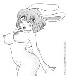 :3 absurd_res anthro big_breasts big_ears blush blush_lines breasts carrot_(one_piece) efradraws erect_nipples feet female fur graphite_(artwork) hair hands_behind_back hi_res lagomorph leporid mammal minkmen_(one_piece) monochrome nipples nude one_piece rabbit rabbit_ears rear_view short_hair simple_background sketch solo tail thick_thighs traditional_media_(artwork) white_body white_fur wide_hips