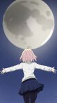  1girl antenna_hair arcueid_brunestud arms_at_sides black_pantyhose blonde_hair blue_skirt commentary_request facing_away floating_clothes floating_hair from_behind full_moon glowing highres looking_up miniskirt moon night noco_ni_co open_hands pantyhose plaid_clothes plaid_skirt short_hair skirt sky solo star_(sky) starry_sky sweater tsukihime tsukihime_(remake) turtleneck turtleneck_sweater white_sweater 