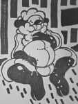 3:4 absurd_res anthro belly bodysuit bovid bulge caprine clothing glistening glistening_body hand_on_belly hand_on_chest hi_res male mammal monochrome null_bulge olddustt permanent permanent_smile sheep sheepsuit skinsuit solo tight_clothing visor visor_eyes