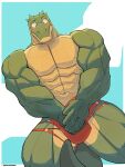 3:4 abs anthro big_muscles big_pecs blush blush_lines bulge clothing covering covering_crotch covering_erection covering_penis crocodile crocodilian digital_media_(artwork) embarrassed front_view green_body hands_in_front hi_res kay_(rolenzoart) male muscular muscular_anthro muscular_arms muscular_male muscular_thighs pecs red_clothing red_speedo red_swimwear reptile rolenzoart scales scalie solo speedo swimwear tail tail_between_legs text url yellow_body yellow_scales