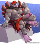 abs absurd_res anthro avian babylonian_mythology balls beak biceps big_muscles bird black_sclera bottomwear bottomwear_aside chest_tuft claws clothing clothing_aside data_east deity deltoids demon digital_media_(artwork) ear_piercing ear_ring erection feathers genitals glans hair hi_res humanoid_genitalia humanoid_penis hybrid inviting loincloth loincloth_aside looking_at_viewer male middle_eastern_mythology mohawk muscular muscular_anthro muscular_arms muscular_male muscular_thighs mutant_fighter mythological_creature mythology nude ougon pazuzu_mutant_fighter pecs penis piercing red_eyes ring_piercing serratus simple_background smile solo tongue triceps tuft vein veiny_muscles veiny_penis wings