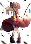  1girl blonde_hair boots commentary_request crystal crystal_wings flandre_scarlet full_body hat hat_ribbon highres long_sleeves mira_mira_mira mob_cap multicolored_wings red_boots red_skirt red_vest ribbon shirt simple_background skirt skirt_set skirt_tug solo touhou vest white_background white_hat white_shirt wings 