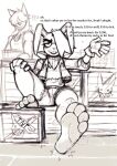 4_toes 5_fingers anthro background_character box buckteeth container dialogue dokko_(dondon) dondon english_text feet fingers first_person_view foot_fetish foot_focus lagomorph leporid male mammal morgan_(dondon) musk offering_to_viewer plantigrade rabbit sitting sketch solo talking_to_viewer teeth text toes