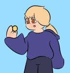 blonde_hair bottomwear brown_eyes clothing denim denim_bottomwear denim_clothing hair hi_res holding_object human jacket jeans light_ball_(pokemon) male mammal open_mouth pants ponytail pre-transformation rory_arctic_fox solo topwear
