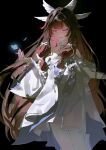  1girl bare_shoulders black_background black_hair blue_petals columbina_(genshin_impact) cowboy_shot dress eye_mask falling_petals feathered_wings feathers genshin_impact hair_ornament hair_wings head_wings highres long_hair long_sleeves mask multicolored_hair multiple_wings petals purple_hair purple_streaks ribbon see-through_clothes see-through_mask sidelighting simple_background smile solo streaked_hair unusually_open_eyes white_dress white_feathers white_mask white_wings wing_hair_ornament wings worker_17287 wrist_bow 