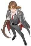 1boy absurdres arthropod_limbs belt black-framed_eyewear black_belt black_shoes brown_eyes brown_hair character_name cigarette coat coat_on_shoulders collared_shirt commentary_request full_body gregor_(project_moon) grey_coat grey_pants grey_vest hand_in_pocket highres id_card jeongdang_geolae korean_commentary limbus_company looking_at_viewer medium_hair multicolored_coat necktie open_clothes open_coat pants project_moon red_coat red_necktie shirt shoes simple_background smoking tattoo two-tone_coat vest white_background white_shirt wrist_tattoo 