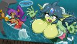 2026 accessory aquatic big_breasts blue_eyes breasts butt clothing crop_top cuff_(restraint) digital_drawing_(artwork) digital_media_(artwork) duo ear_fins ear_piercing ear_ring eyelashes featureless_breasts female fin fish_tail forehead_gem gem genie giga_mermaid glistening glistening_butt glowing glowing_eyes gold_(metal) gold_jewelry green_body hair hair_accessory hi_res huge_breasts humanoid humanoid_pointy_ears jewelry jumping long_hair looking_at_another looking_at_breasts looking_at_own_breasts looking_at_self macro_female macro_humanoid meralo merfolk mind_control pearl_(gem) piercing pink_body pointy_ears ponytail purple_hair red_clothing red_eyes restraints ring_piercing shake_lines shantae shantae_(series) shirt size_difference smaller_female smaller_humanoid smile split_form surprised tan_body topwear undressing_another water wayforward wrist_cuffs