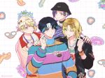  1other 3boys bead_bracelet bead_necklace beads black_collar black_hair black_hat black_jacket blonde_hair blue_eyes blue_hair bracelet chain chain_necklace collar collared_shirt commentary_request green_hair hat hikage_toma jacket japduksakki jewelry kureha_aoi misuji_kantaro multicolored_eyes multicolored_hair multiple_boys multiple_necklaces nail_polish necklace one_eye_closed orange_nails paradox_live pink_eyes pink_hair purple_eyes purple_hair purple_shirt ring shirt short_hair turtleneck two-tone_hair visty_(paradox_live) white_hat white_jacket white_shirt yamato_shogo 