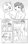 absurd_res anthro balls bathing bodily_fluids comic dialogue duo english_text erection foreskin genitals hi_res kissing male male/male monochrome nipples nude penis saliva saliva_string teasing text tongue tongue_out yvme