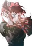  1girl absurdres arms_up black_jacket blue_eyes bow chinese_commentary commentary_request crying crying_with_eyes_open hair_bobbles hair_ornament hand_on_own_face highres jacket long_hair long_sleeves looking_to_the_side puffy_sleeves purple_bow red_hair sad san_shui_lu_hua_jian simple_background solo tears umineko_no_naku_koro_ni ushiromiya_ange white_background 
