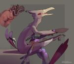 absurd_res anthro avian bird bodily_fluids channel-billed_cuckoo duo eyes_closed feathers genital_fluids genitals grackle grey_body hi_res icterid impwolsniw licking long_tongue male male/male multicolored_body oral oscine passerine penile penis penis_lick purple_body saliva saliva_string sex slit_penis text tongue winslow_(impwolsniw)