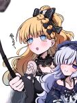  2girls arm_tattoo bare_shoulders black_choker black_dress black_ribbon blonde_hair blue_dress blue_eyes blue_hairband bow braid choker closed_mouth commentary_request crescent crescent_necklace cross cross_earrings dress dress_bow earrings fishnet_sleeves fishnets frilled_choker frilled_dress frilled_hairband frilled_sleeves frills furrowed_brow gothic_lolita hair_bow hair_over_one_eye hair_ribbon hairband highres holding jewelry lolita_fashion lolita_hairband long_hair long_sleeves mahou_shoujo_no_majo_saiban mole mole_under_eye multiple_girls natsume_an-an necklace off-shoulder_dress off_shoulder one_eye_covered open_mouth polka_dot polka_dot_bow purple_eyes ribbon saeki_miria selfie_stick simple_background sleeve_bow sleeves_past_fingers sleeves_past_wrists smile taking_picture tattoo urada_silue white_background white_hair wide_sleeves yuri 