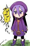  1girl black_leggings boots closed_mouth coat commentary_request grass hair_between_eyes high_collar leggings long_hair long_sleeves purple_boots purple_coat purple_eyes purple_hair sekaiju_no_meikyuu sekaiju_no_meikyuu_3 solo speech_bubble standing star_(symbol) suno_(imydream) translation_request white_background zodiac_(sekaiju) zodiac_2_(sekaiju) 