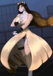 2026 absurd_res anthro bottomwear city clothed clothing clothing_lift dress dress_lift felid feline female fighting_pose hi_res knife mammal night pants pose prehistoric_species saber-toothed_tiger sabertooth_feline solo standing verelin