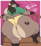 2026 absurd_res anthro big_butt black_hair black_nose bodily_fluids breath brown_body brown_fur butt cellulite climbing_stairs clothed clothing creaking english_text eyelashes female flying_sweatdrops fur gorb_(artofgorb) hair hi_res huge_butt hyena long_hair looking_back mammal motion_lines obese obese_anthro obese_female open_mouth overweight overweight_anthro overweight_female panting stairs sweat sweatdrop tail tan_body tan_fur text vivi_(gorb)