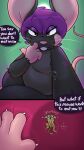 2026 anthro belly black_body black_fur comic denaturedalbumin domestic_cat duo english_text extreme_size_difference felid feline felis female fur hair hi_res licking licking_lips macro male mammal mouse murid murine nude overweight purple_hair red_eyes rodent size_difference speech_bubble tail text tongue tongue_out toribio_(denaturedalbumin) whiskers