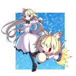  2girls :d ;d absurdres animal_ear_fluff animal_ears antenna_hair arcueid_brunestud black_bow black_pantyhose black_shoes blonde_hair blue_background blue_skirt bow cat_ears cat_girl cat_tail commentary_request dress dual_persona eco-arc fang flying frilled_dress frilled_sleeves frills full_body hair_between_eyes hand_up highres iriggerhappy long_hair miniskirt multiple_girls neco-arc one_eye_closed outstretched_arm outstretched_hand pantyhose plaid_clothes plaid_skirt pointing pointing_at_viewer red_eyes shoes short_hair sidelocks skirt smile standing standing_on_one_leg sweater tail tsukihime tsukihime_(remake) white_dress white_sweater 