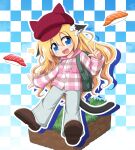  1girl animal_ear_headwear animal_ears backpack bag blonde_hair blue_eyes boots brown_boots cat_ears cat_girl cat_tail checkered_background commentary_request fang food full_body grass grey_pants hair_between_eyes hair_ornament hat highres inatsuka_haru jacket long_hair original outline pants plaid_clothes plaid_jacket red_hat sleeves_past_wrists solo sushi tail very_long_hair w wing_hair_ornament 