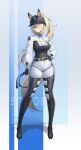  1girl absurdres animal_ears baseball_cap belt black_gloves black_hat blonde_hair blue_bow blue_bowtie blue_eyes blue_streaks bow bowtie breeches chinese_commentary chinstrap closed_mouth commentary_request covered_groin ears_through_headwear full_body gloves hair_over_one_eye hand_on_own_hip hat highres holding holding_whip horse_ears horse_girl horse_tail lance_no_lot long_hair looking_at_viewer multicolored_hair pants ponytail riding_outfit shadow sigrid_de_l'azur solo streaked_hair tail whip white_pants zenless_zone_zero 