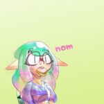 1:1 2018 aquatic blue_clothing breasts burger cephalopod clothing dawnables eating eyelashes food food_in_mouth green_hair hair inkling mollusk multicolored_clothing multicolored_ears multicolored_hair nintendo nom open_mouth pink_body pink_ears pink_hair pink_skin pointy_ears pseudo_hair purple_clothing splatoon tan_body tan_ears tan_skin tentacle_hair tentacles text topwear two_tone_clothing two_tone_ears two_tone_hair