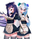  184ryo 2girls absurdres ahoge animal_ears aquwa black_bow black_bowtie black_dress black_eyes black_thighhighs blue_hair blush bow bowtie breasts cat_ears cat_girl cleavage collar colored_inner_hair commentary cross_hair_ornament dress english_commentary fangs hair_ornament heterochromia highres indie_virtual_youtuber long_hair looking_at_viewer maid medium_breasts multicolored_hair multiple_girls nekrolina open_mouth pointy_ears purple_eyes purple_hair small_breasts split-color_hair thighhighs thighs two-tone_hair virtual_youtuber white_collar white_hair white_wrist_cuffs wrist_cuffs x_hair_ornament 